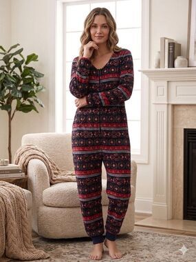 Natural Life Pajamas Womens XL One Piece Floral Zip Up Plush Loungewear Cozy